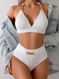 Sale Retro Stage 1950s Solid Chain Textured Fabric Halter Bikini Set