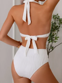 Sale Retro Stage 1950s Solid Chain Textured Fabric Halter Bikini Set