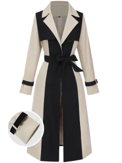 Outlet Retro Stage 1960s Solid Color Patchwork Belt Coat Khaki