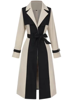 Outlet Retro Stage 1960s Solid Color Patchwork Belt Coat Khaki
