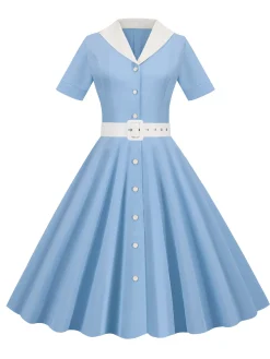 New Retro Stage 1950s Solid Contrast Lapel Belt Dress