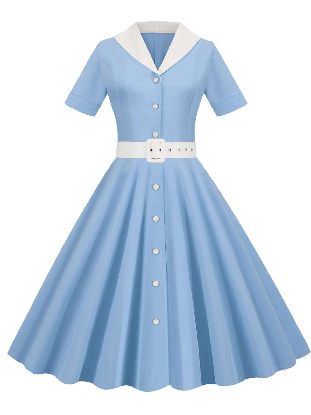 New Retro Stage 1950s Solid Contrast Lapel Belt Dress