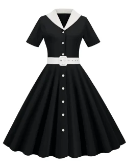 New Retro Stage 1950s Solid Contrast Lapel Belt Dress