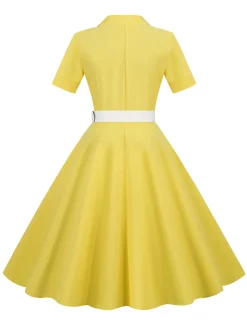 New Retro Stage 1950s Solid Contrast Lapel Belt Dress