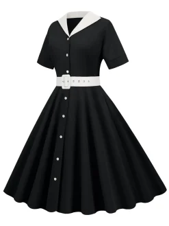 New Retro Stage 1950s Solid Contrast Lapel Belt Dress