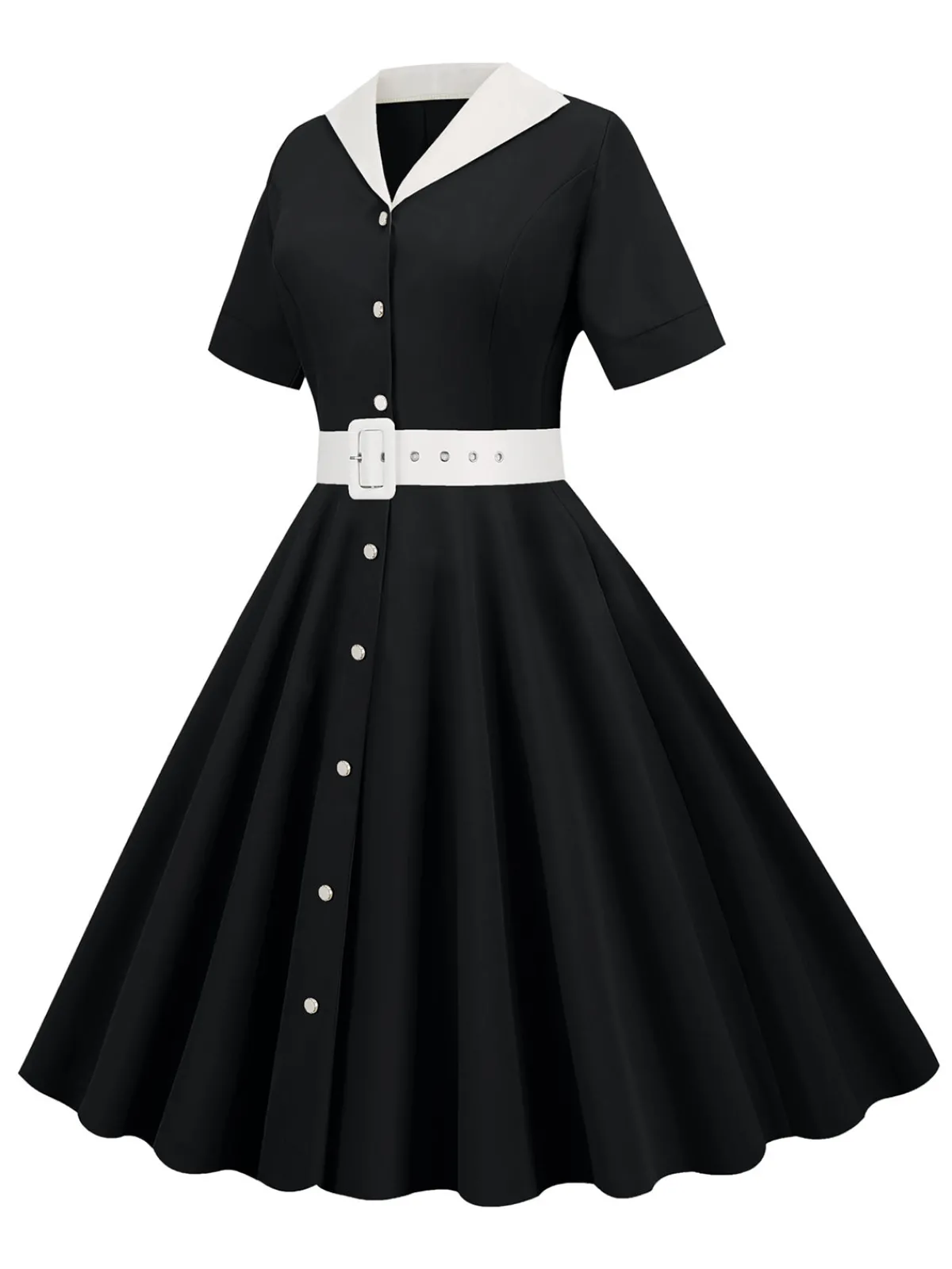 New Retro Stage 1950s Solid Contrast Lapel Belt Dress