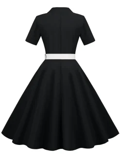 New Retro Stage 1950s Solid Contrast Lapel Belt Dress