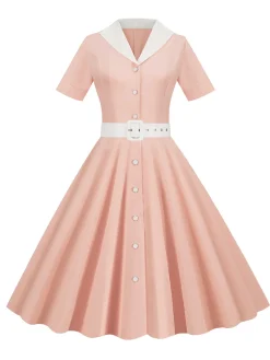 New Retro Stage 1950s Solid Contrast Lapel Belt Dress