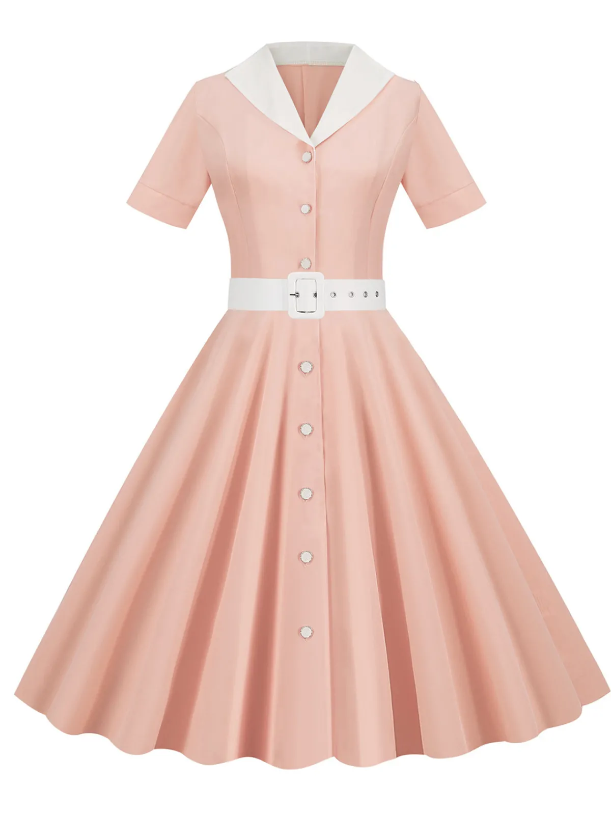 New Retro Stage 1950s Solid Contrast Lapel Belt Dress