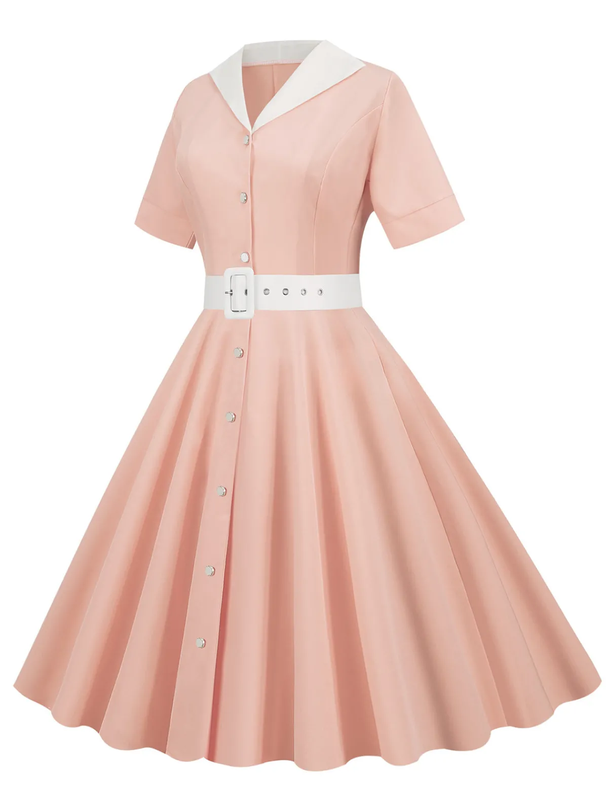 New Retro Stage 1950s Solid Contrast Lapel Belt Dress