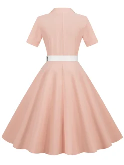 New Retro Stage 1950s Solid Contrast Lapel Belt Dress