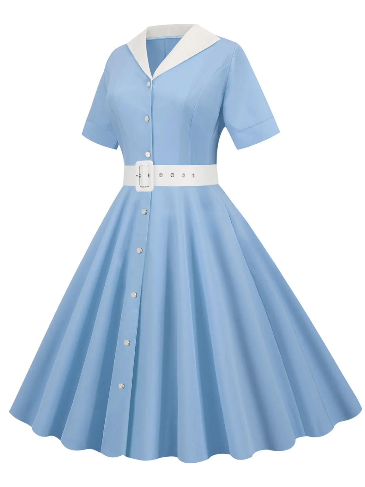 New Retro Stage 1950s Solid Contrast Lapel Belt Dress