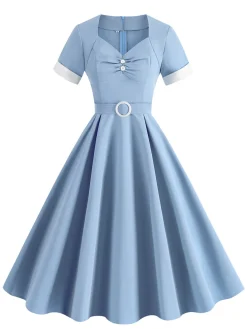 Discount Retro Stage 1950s Solid Contrast V-Neck Swing Dress