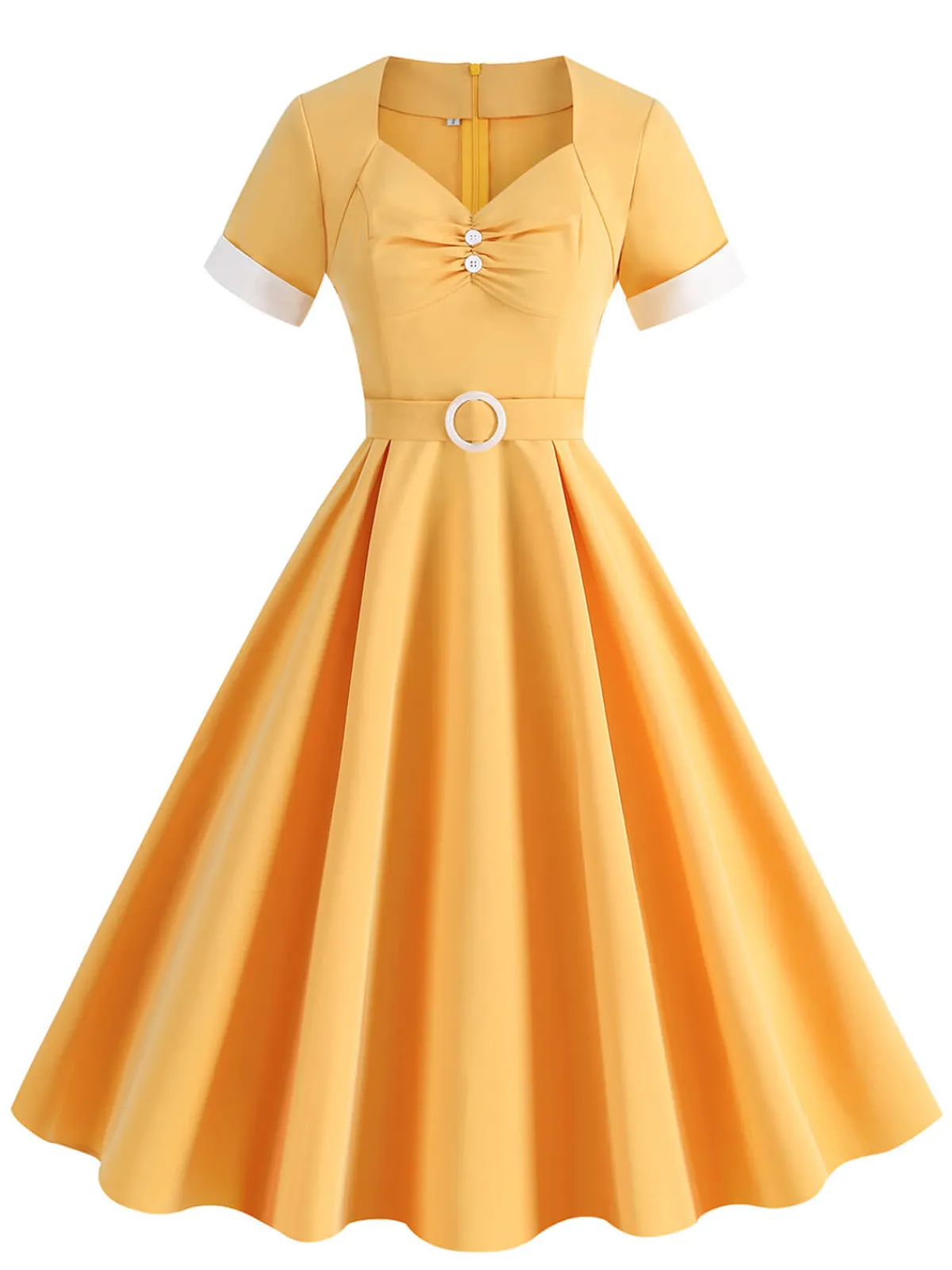 Discount Retro Stage 1950s Solid Contrast V-Neck Swing Dress