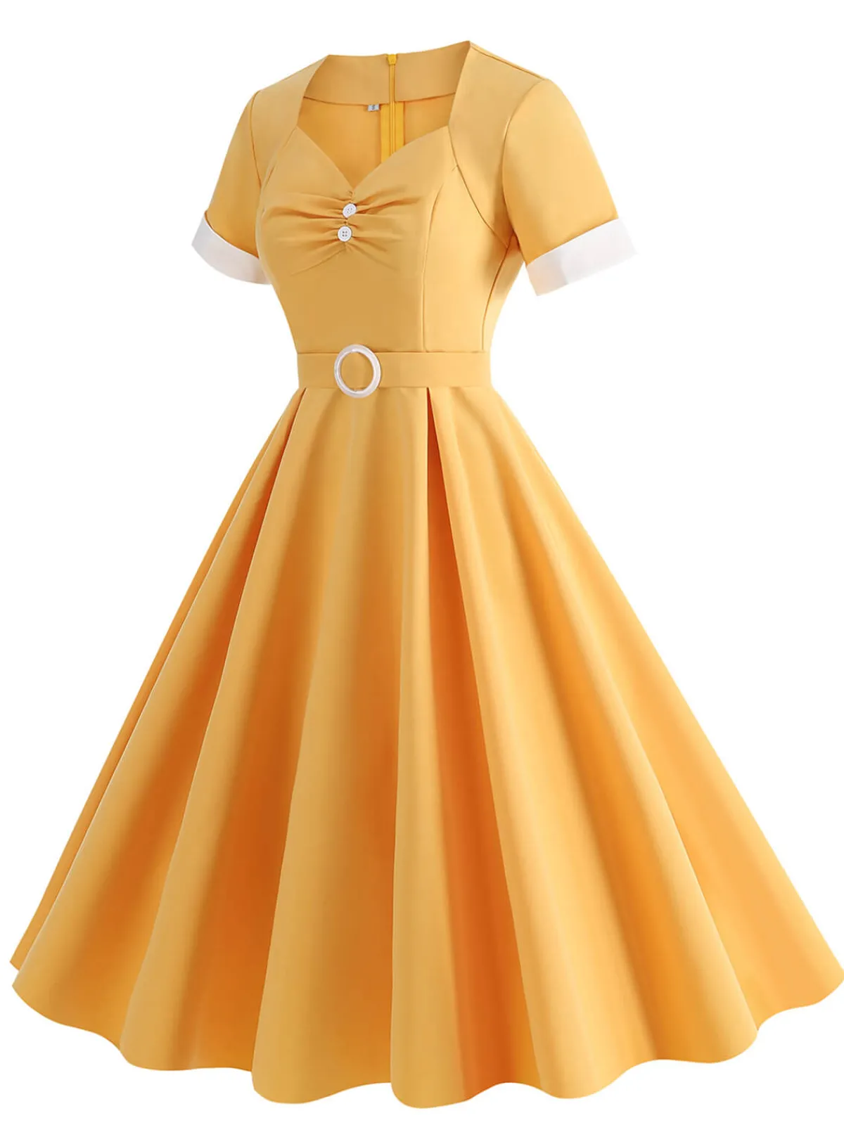 Discount Retro Stage 1950s Solid Contrast V-Neck Swing Dress