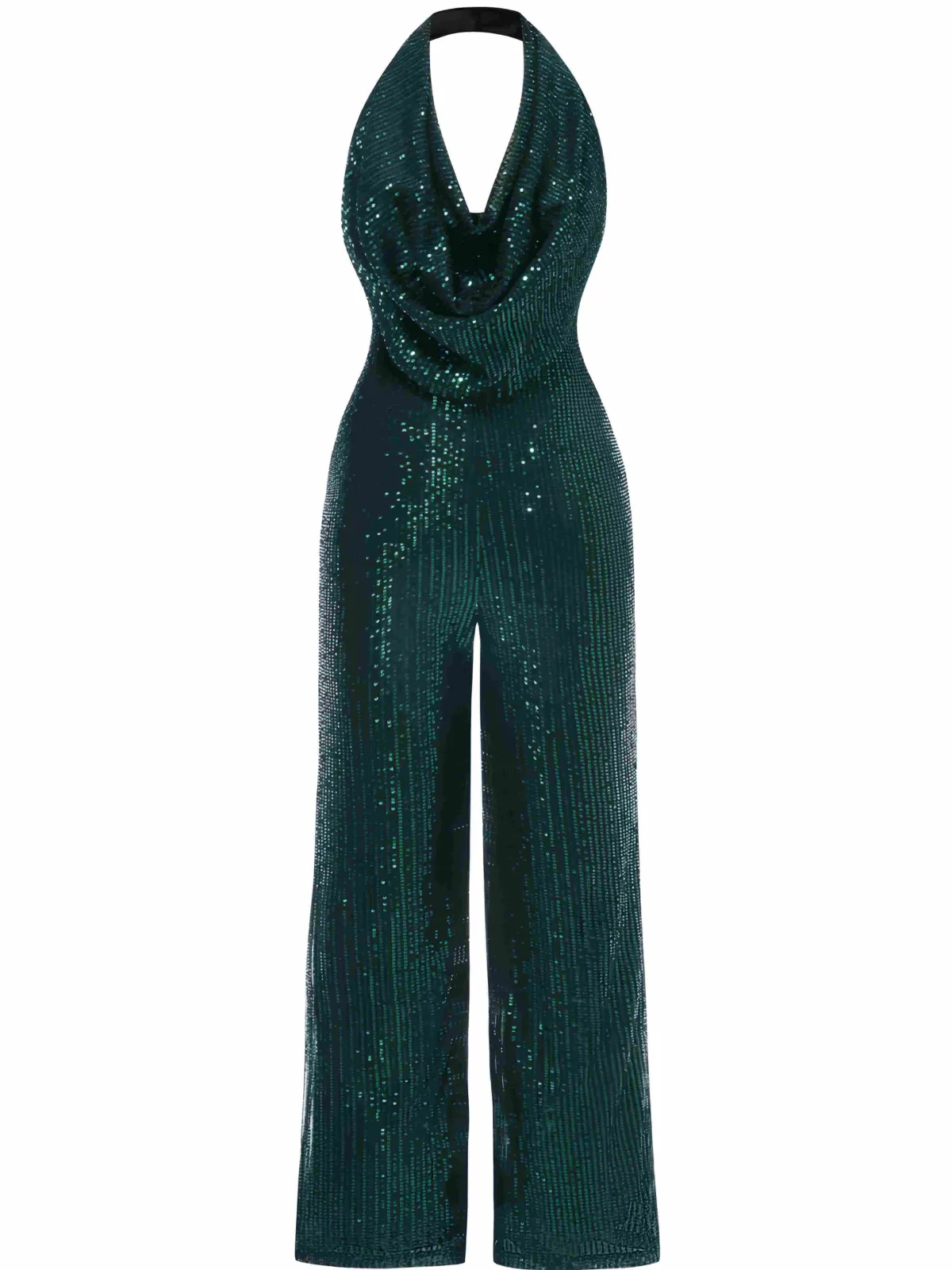 Clearance Retro Stage 1930s Solid Cowl Neck Halter Sequined Jumpsuit