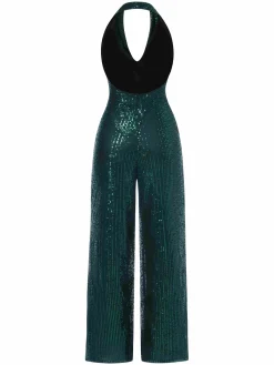 Clearance Retro Stage 1930s Solid Cowl Neck Halter Sequined Jumpsuit