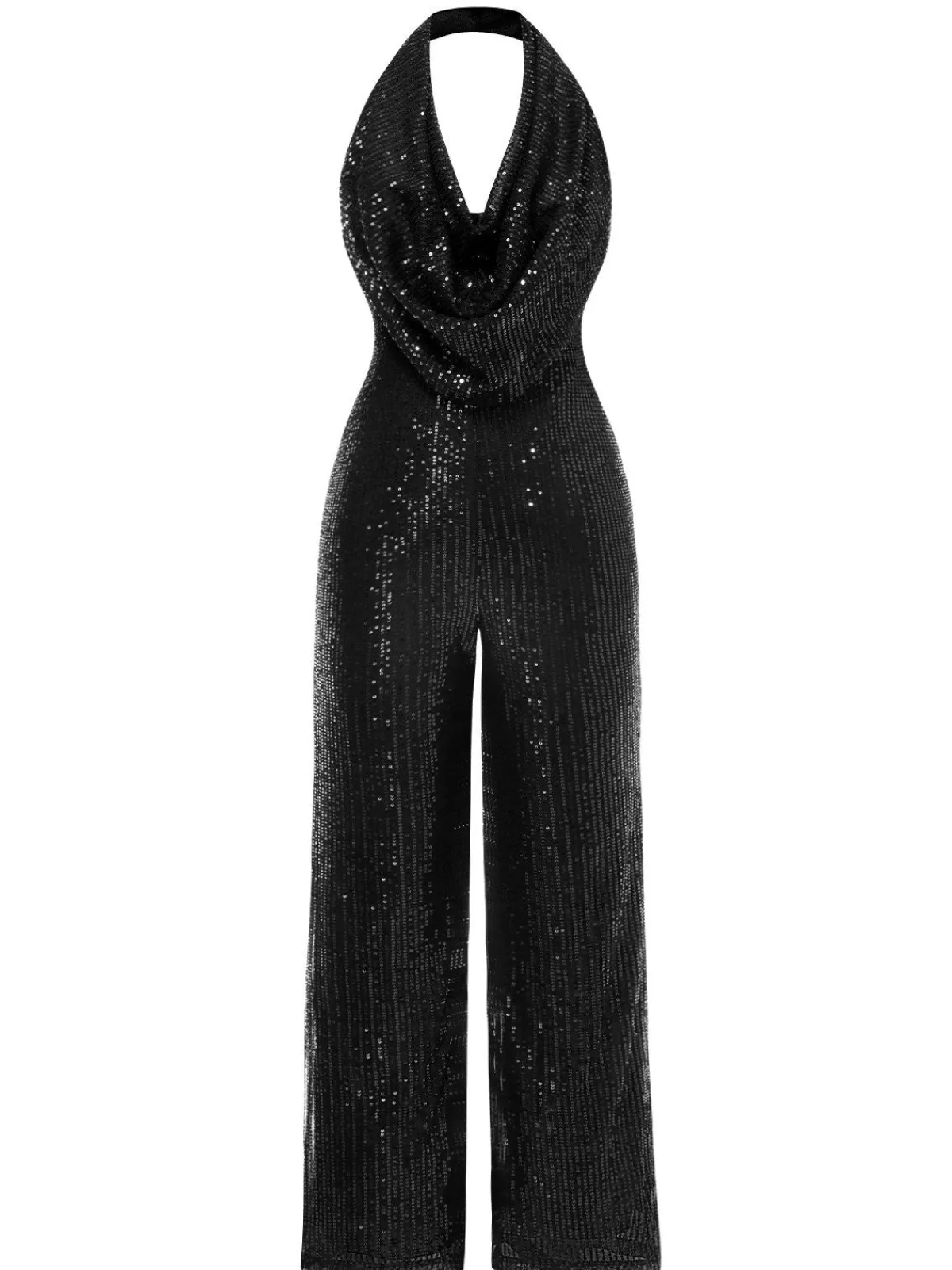 Clearance Retro Stage 1930s Solid Cowl Neck Halter Sequined Jumpsuit