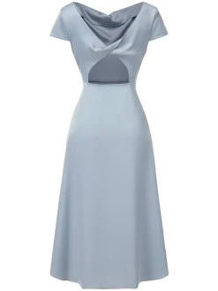 Outlet Retro Stage 1940s Solid Cowl Neck Satin Back Cutout Dress