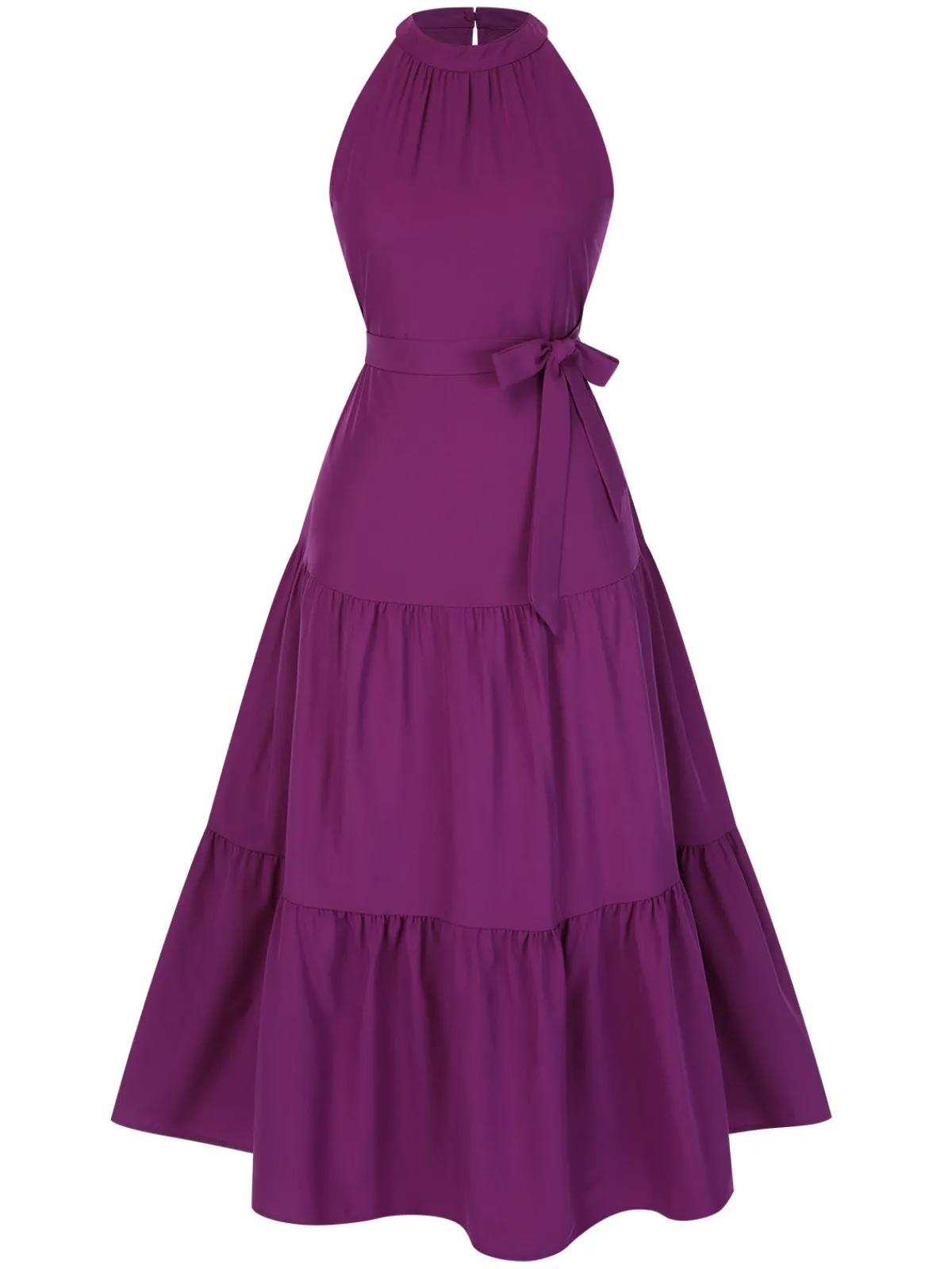 Fashion Retro Stage 1950s Solid Crew Halter Tiered Dress