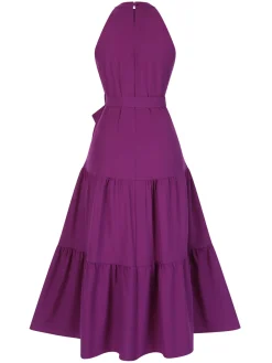 Fashion Retro Stage 1950s Solid Crew Halter Tiered Dress