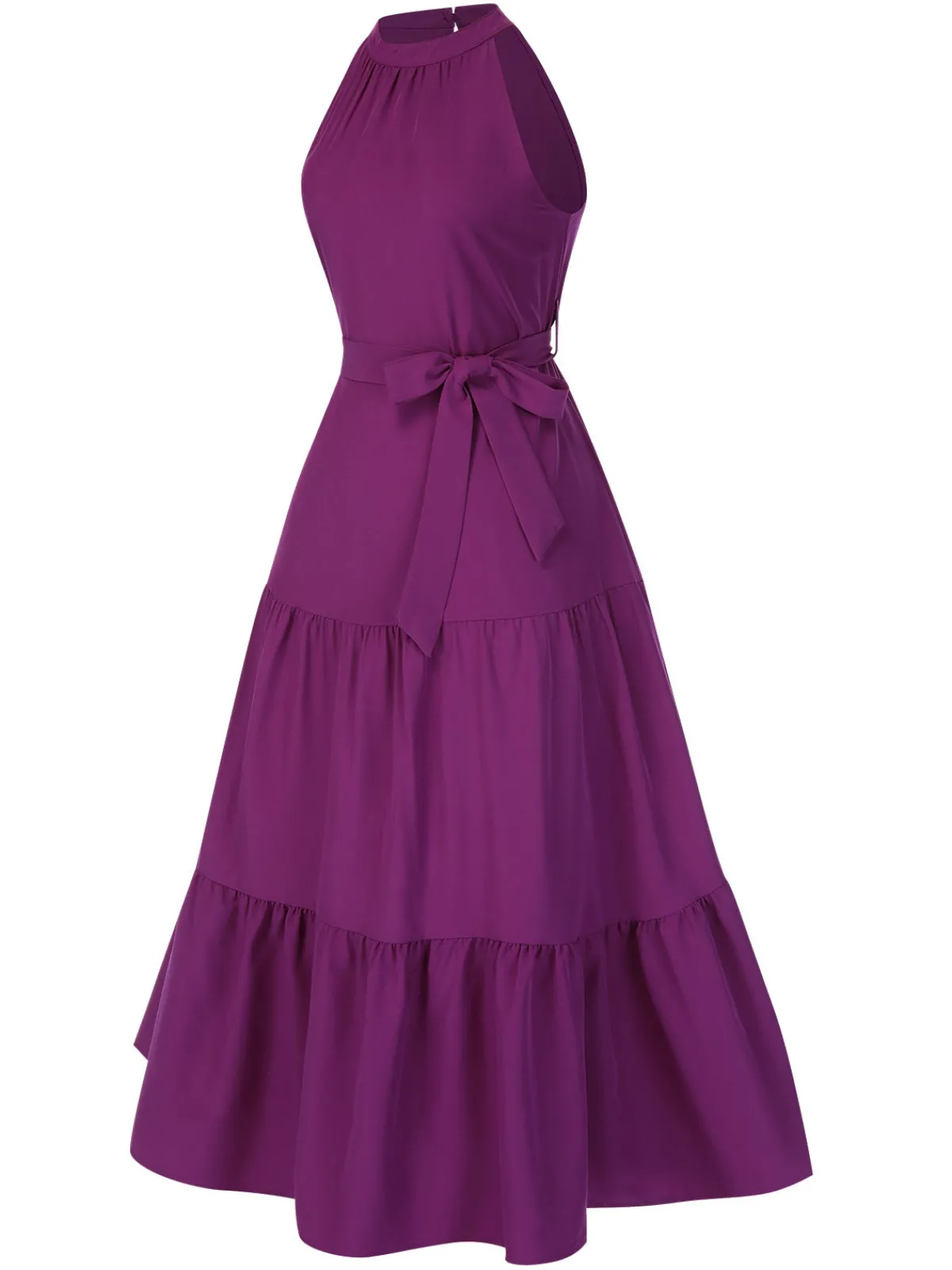 Fashion Retro Stage 1950s Solid Crew Halter Tiered Dress