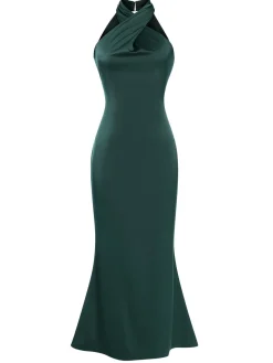 New Retro Stage 1930s Solid Cross Neck Halter Fishtail Dress