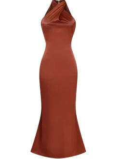New Retro Stage 1930s Solid Cross Neck Halter Fishtail Dress