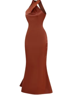 New Retro Stage 1930s Solid Cross Neck Halter Fishtail Dress