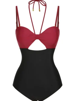 Sale Retro Stage 1950s Solid Cutout Halter Strap Swimsuit