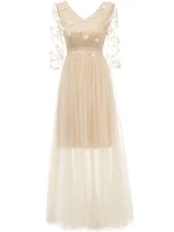 Clearance Retro Stage 1940s Solid 3D Flowers Banquet Evening Dress