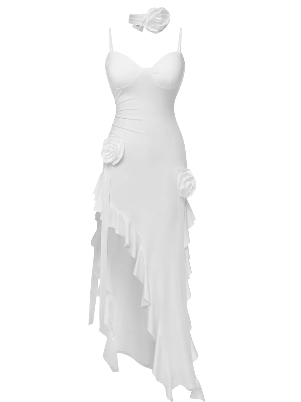 Fashion Retro Stage 1970s Solid 3D Rose Ruffle High Low Hem Dress