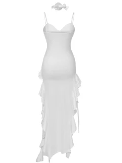 Fashion Retro Stage 1970s Solid 3D Rose Ruffle High Low Hem Dress