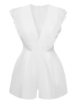 Clearance Retro Stage 1950s Solid Deep V Neck Ruffles Sleeveless Romper White