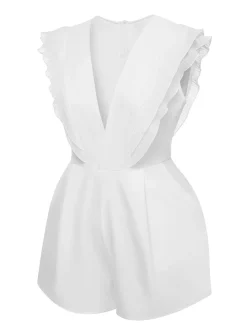 Clearance Retro Stage 1950s Solid Deep V Neck Ruffles Sleeveless Romper White