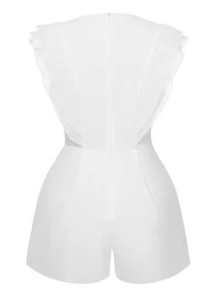 Clearance Retro Stage 1950s Solid Deep V Neck Ruffles Sleeveless Romper White
