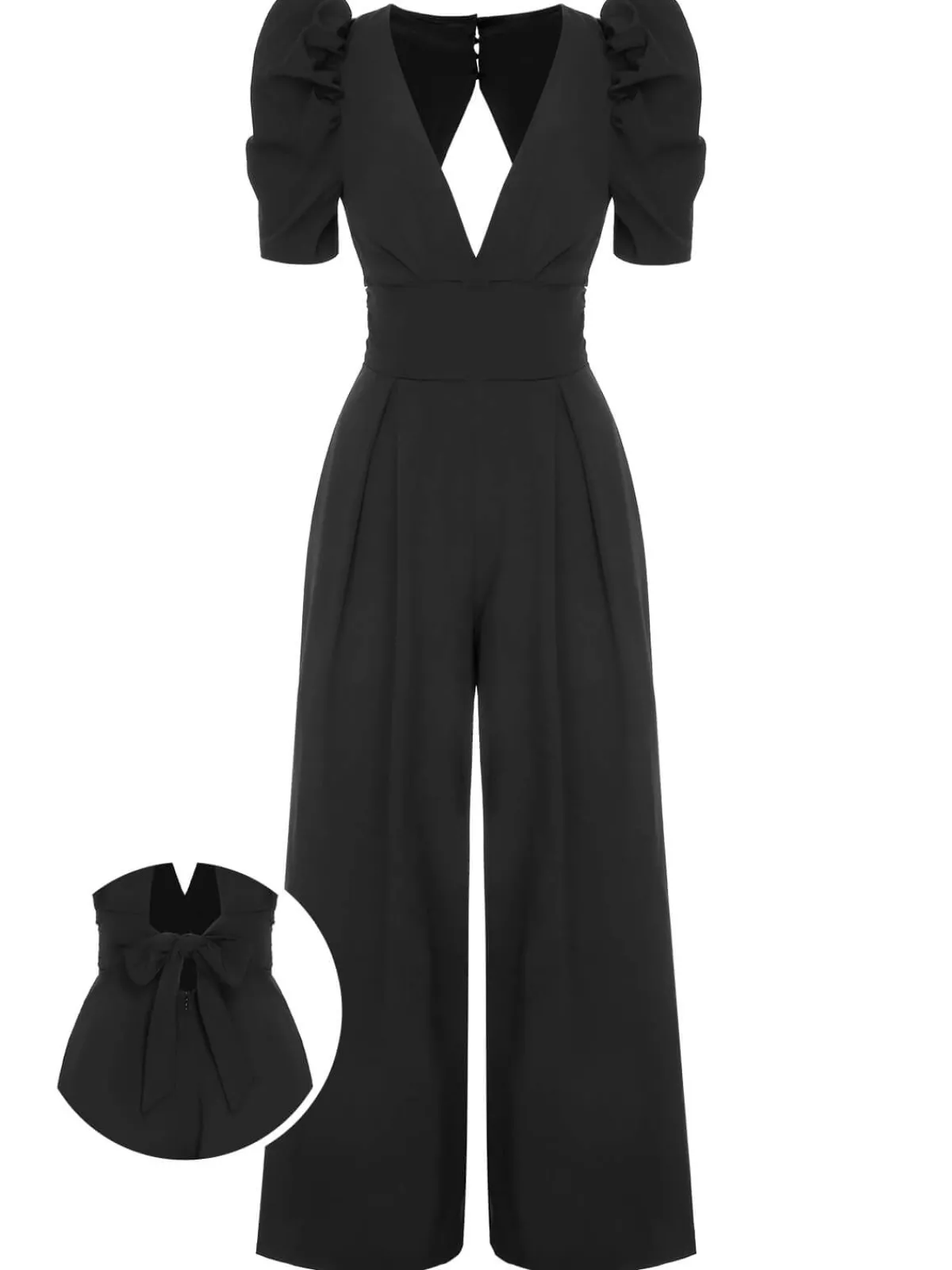 Best Retro Stage 1930s Solid Deep V Puff Sleeves Jumpsuit
