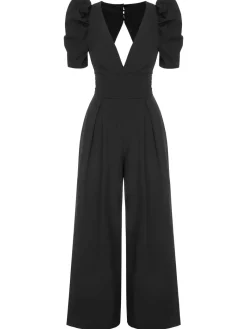 Best Retro Stage 1930s Solid Deep V Puff Sleeves Jumpsuit
