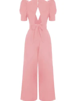 Best Retro Stage 1930s Solid Deep V Puff Sleeves Jumpsuit
