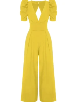 Best Retro Stage 1930s Solid Deep V Puff Sleeves Jumpsuit