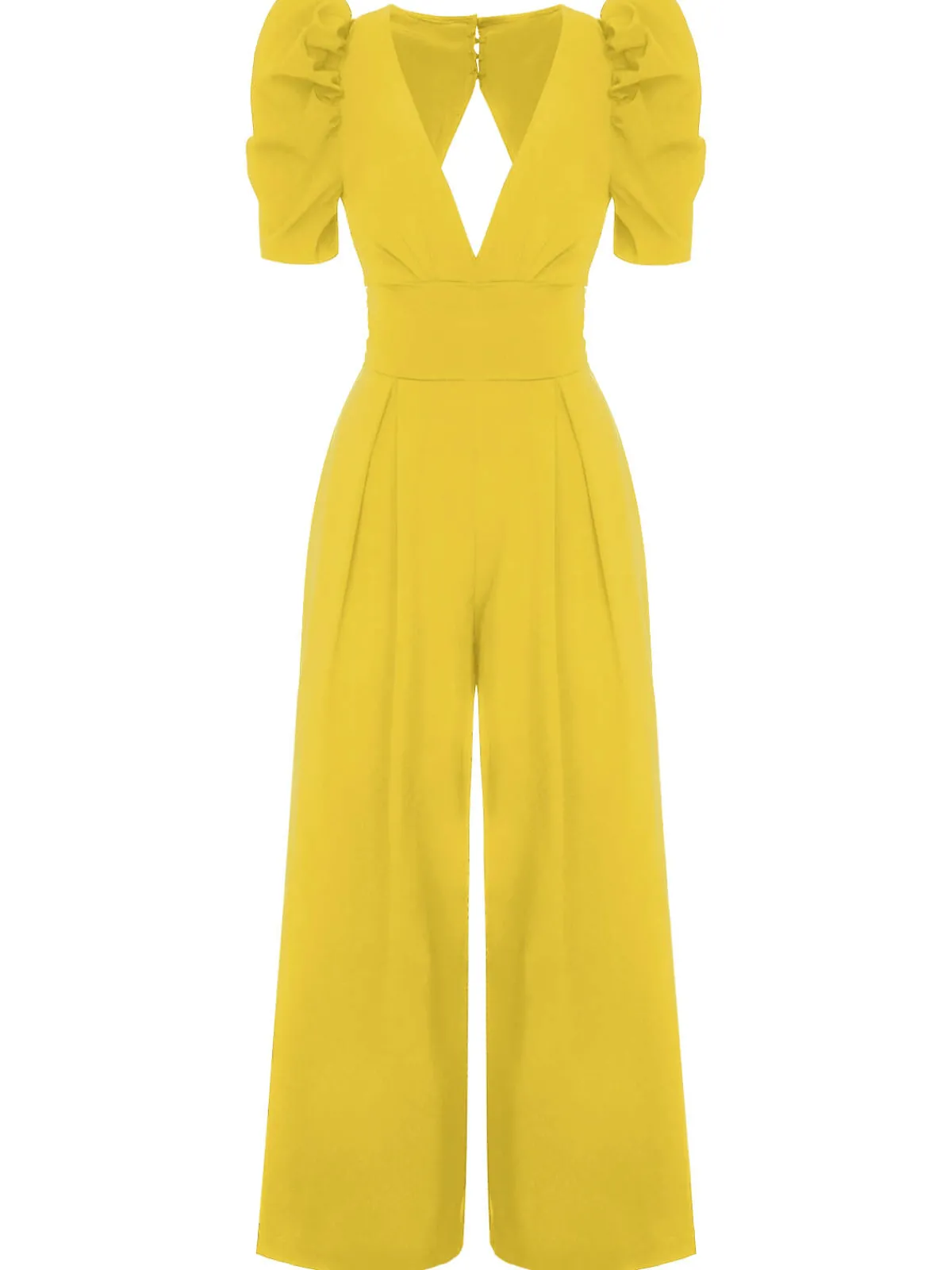 Best Retro Stage 1930s Solid Deep V Puff Sleeves Jumpsuit