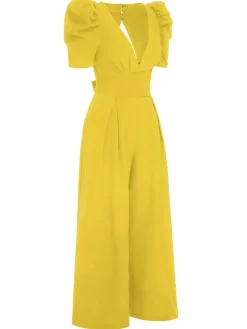 Best Retro Stage 1930s Solid Deep V Puff Sleeves Jumpsuit
