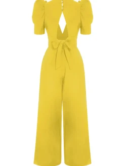 Best Retro Stage 1930s Solid Deep V Puff Sleeves Jumpsuit