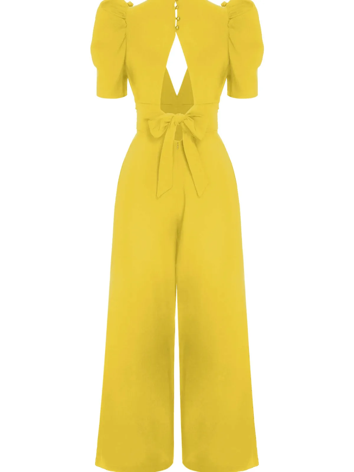 Best Retro Stage 1930s Solid Deep V Puff Sleeves Jumpsuit
