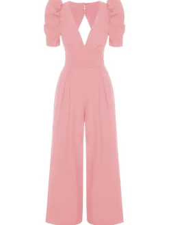 Best Retro Stage 1930s Solid Deep V Puff Sleeves Jumpsuit