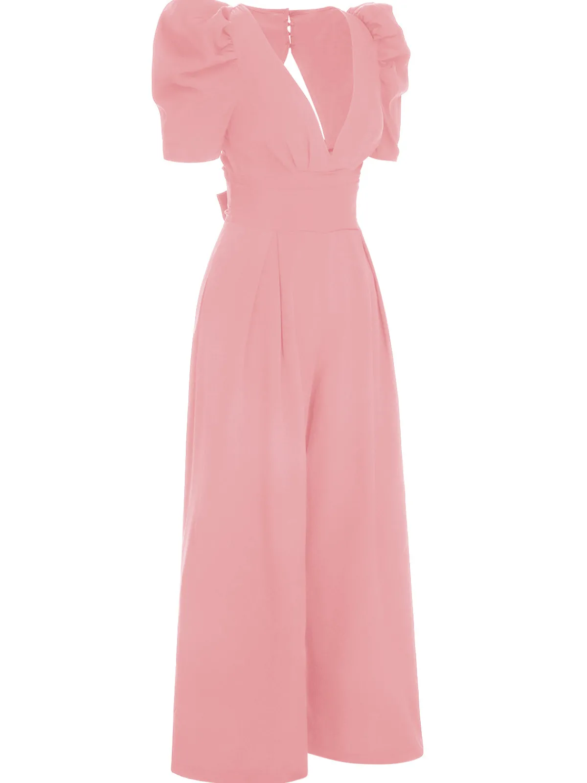 Best Retro Stage 1930s Solid Deep V Puff Sleeves Jumpsuit