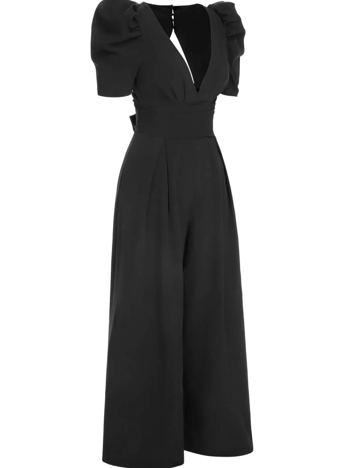Hot Retro Stage 1930s Solid Deep V Puff Sleeves Jumpsuit Black
