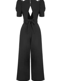 Hot Retro Stage 1930s Solid Deep V Puff Sleeves Jumpsuit Black