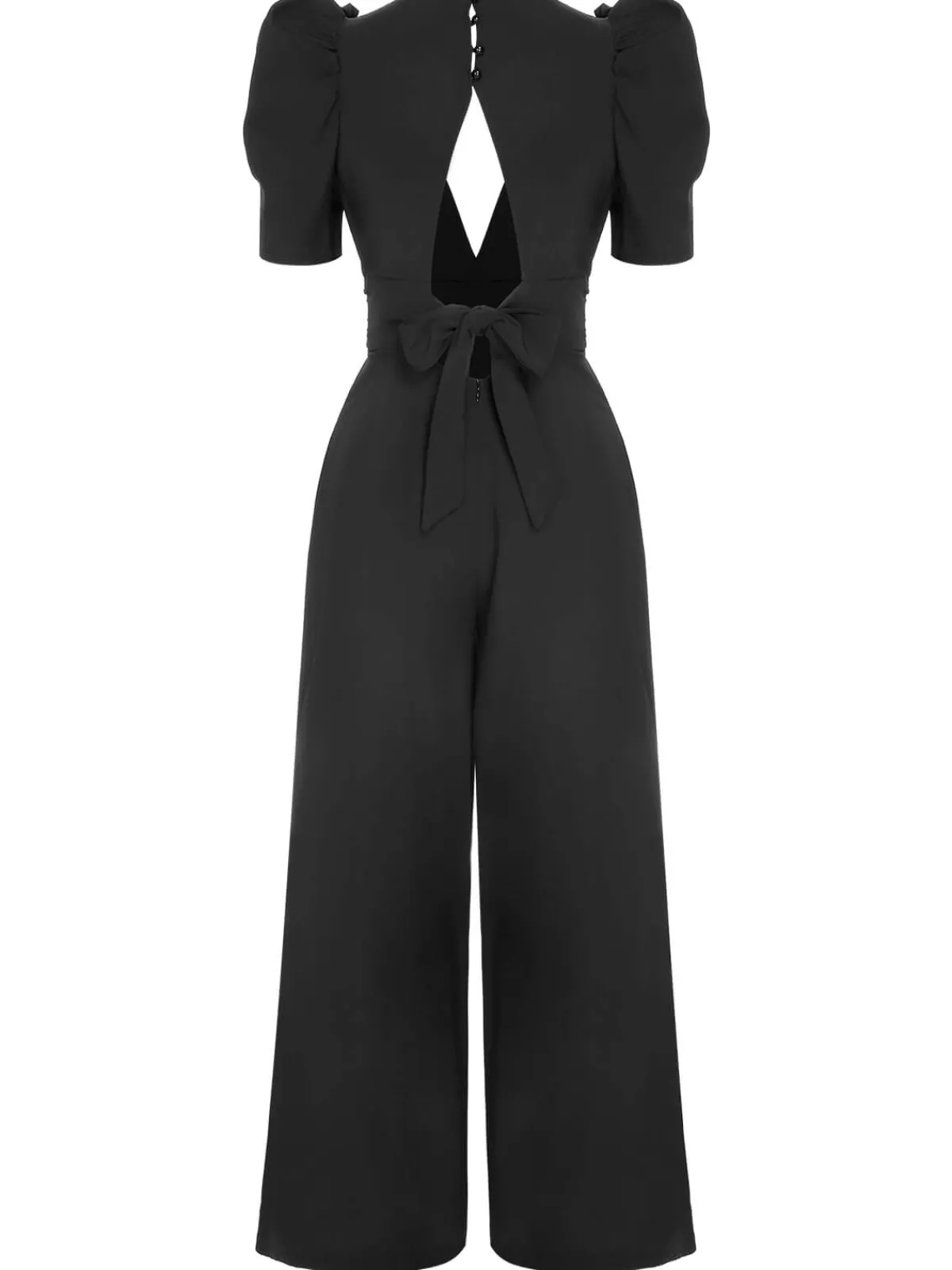 Hot Retro Stage 1930s Solid Deep V Puff Sleeves Jumpsuit Black