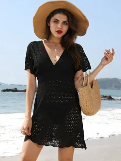 Sale Retro Stage 1960s Solid Deep V-Neck Crochet Cover-Up